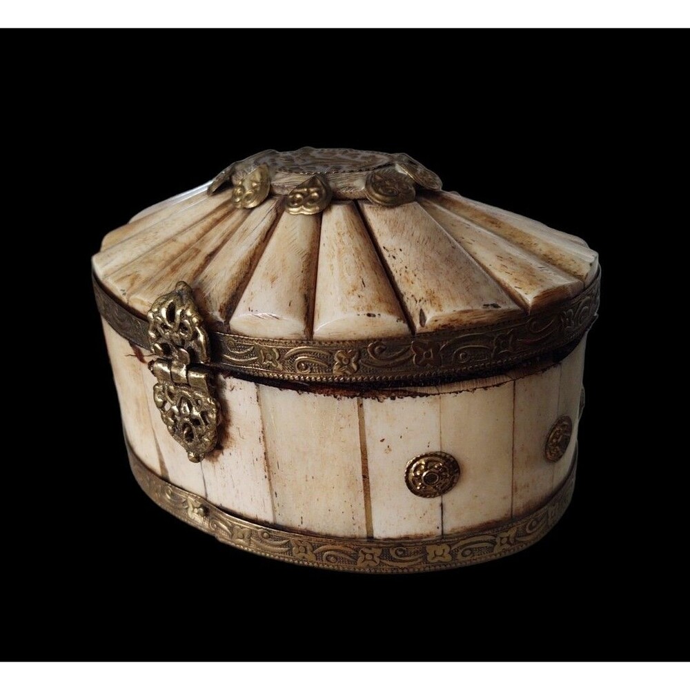 Hand Carved Buffalo Gola Trinket Box with Brass Hardware from India c. 1950